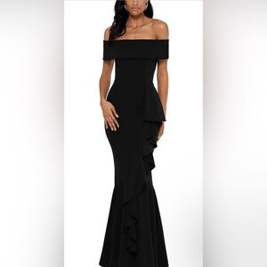 Betsy & Adam Women's Long Off Shoulder Cascade Ruffle Stetch Scuba Crepe Gown